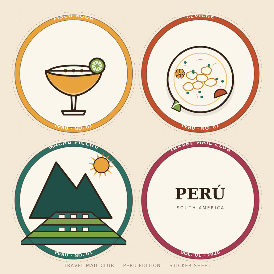 Sample sticker sheet for a Perú-themed box